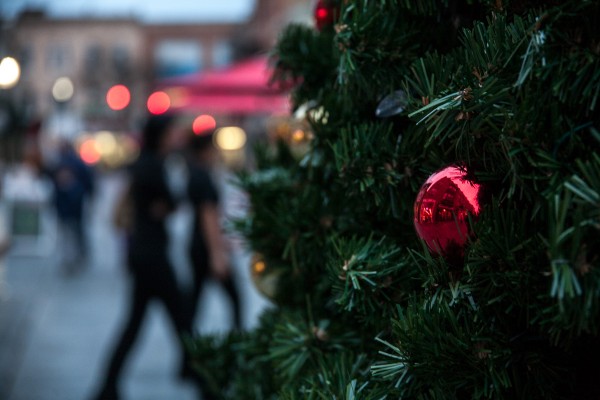 Here, at 87mm, we are close-focusing on the edge of the mirrored red ornament a few inches in front of the camera, a full-frame 5D. The people walking are only about twenty feet in front of the camera, but are very nicely soft. 1/50 F4 ISO 400, OS activated.