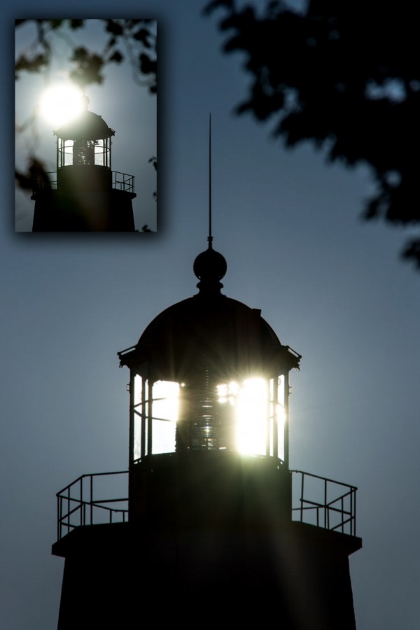 A little switch of position or a few moments in time can mean the difference between making and missing the shot you want when trying to align distant objects through a telelphoto lens. I used the Photographer's Ephemeris to give me a reading on where the morning sun would be in relation to the Sandy Hook Lighthouse. And then, of course, the sun moves through the sky in an arc, so the position needs to adjusted every couple of minutes to keep the sun shining through the lighthouse. The inset frame shows the difference of just a few feet over from where everything is aligned correctly. 1/6400 F/11 on a 150-500mm. This sort of image is best framed on a LCD in live view to avoid eye damage from the direct sunlight through a lens.