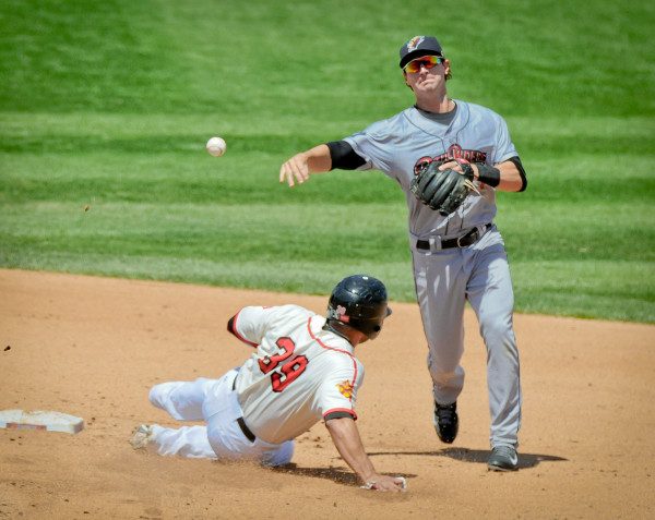 © 2015 Steve Chesler | Scranton/Wilkes-Barre RailRiders Infielder Nick Noonan completes a double play against Rochester Red Wings Catcher Josmil Pinto. Sitting along the first base line at the top of the 100 level, the Sigma 150-600mm Sport lens could easily zoom to cover the action at second base.